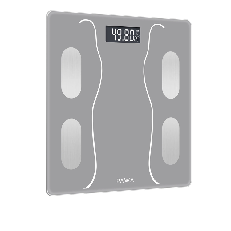 PAWA Smart Body Scale with Body Analysis iOS & Android App, 2.6" LCD Display, Kilogram & Pound Measurement Units, 2 x AAA Batteries, 180kg Maximum Weight Capacity - Gray