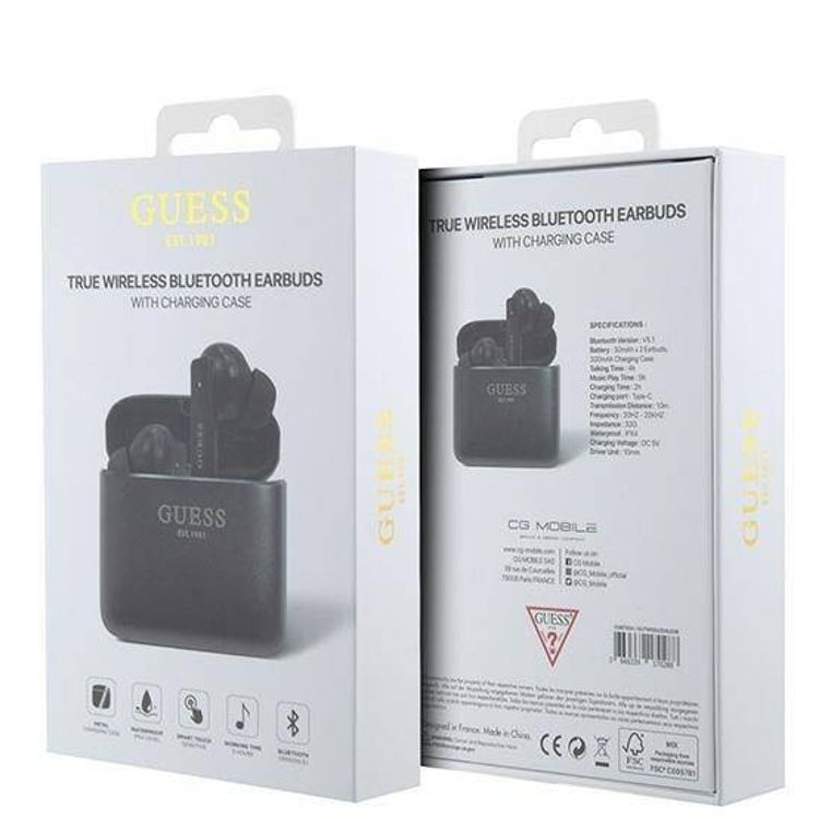 Guess Satined Finish True Wireless Earbuds with Touch Controls, Voice Assistant Support, Multiple Sizes of Silicone Ear Tips, Passive Noise Isolation, 6mm Driver Size, 300mAh Charging Case Battery - Black