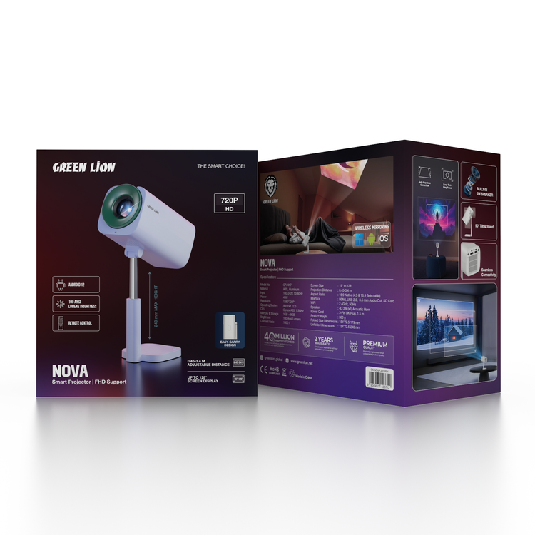 Green Lion Nova جهاز عرض محمول ذكي مزود بسماعة مدمجة بقوة 3 واط، وزاوية ميلان وموقف 180°، واتصال سلس، أندرويد 12، تصحيح الانحراف التلقائي، حلقة تركيز دوارة بسهولة، سطوع بقوة 100 لومن ANSI، جهاز تحكم عن بعد، إصدار Bluetooth 5.0، تصميم سهل الحمل، يصل إلى شاشة عرض بحجم 128 بوصة - أبيض