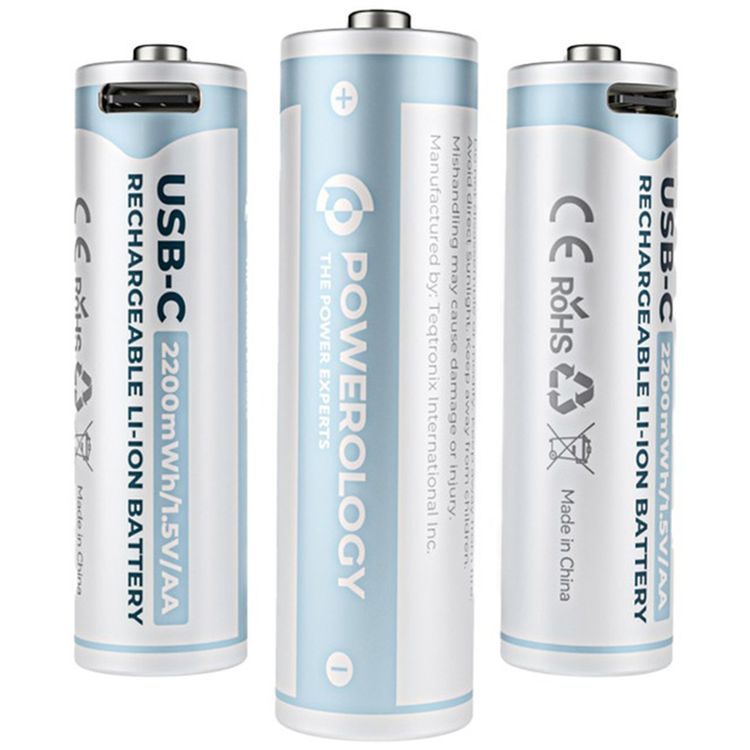 Powerology Rechargeable Lithium-ion AA Battery with 1460mAh Battery Capacity, 1.5V Operating Voltage, Type-C Port, Over 1000 Life Cycles, 2200mWh Battery Power - White
