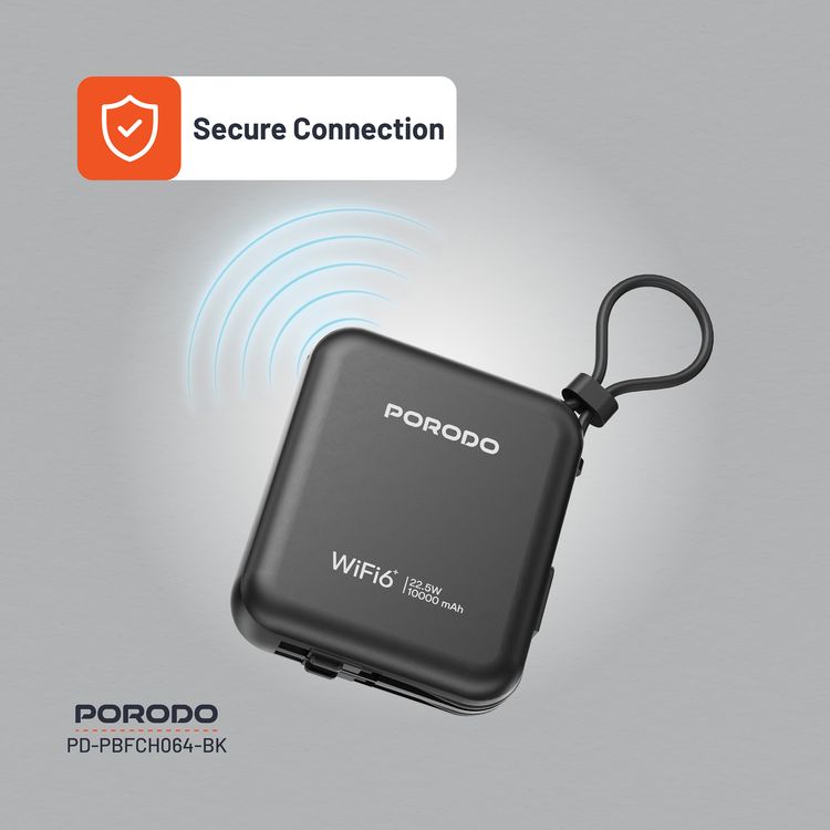 Porodo Portable 4G LTE WiFi Router,10000mAh Battery Capacity, 150Mbps Download Speed, 50Mbps Upload Speed, Built-in Cables, Secure Connection - Black