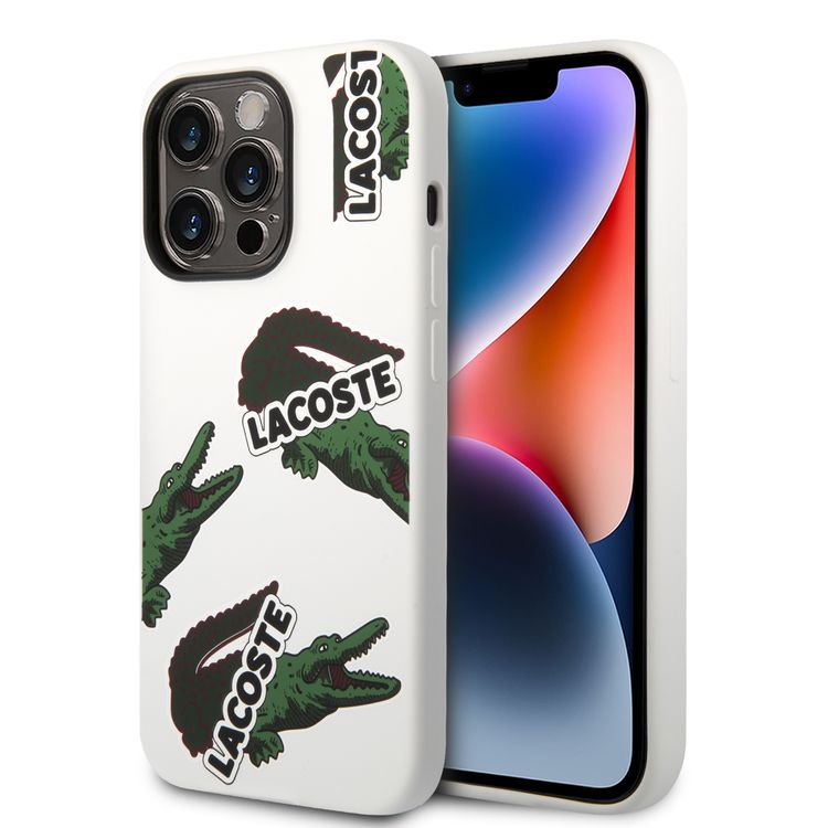 Lacoste Hard Case Liquid Silicone / Microfiber Allover Pattern Compatible with iPhone 14 Pro - White