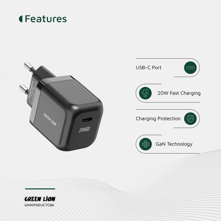 Green Lion Ultra Compact GaN Wall Charger with Single USB-C Port and USB-C to USB-C Cable, PC Flame Retardant Material, Fast Charging Support, Charging Protection, Universal Compatibility, Ultra Portable - Black