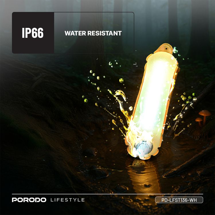 Porodo Inflatable Outdoor Magnetic Tube Light with Warm & White Light, Up to 15 Hours Working Time, Magnetic Attachment, Up to 150 Lumens Brightness, 2000mAh Battery Capacity, Type-C Charging Port, TPU Material - White