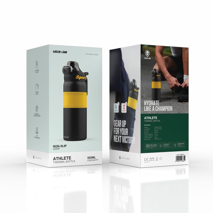 Green Lion Athlete Thermal Bottle, 550 mL Capacity, 12 Hours Thermal Efficiency, 14 Hours Cooling Efficiency, Easy Press Button, 360°-Anti-Corrosion, Non-Slip Grip - Yellow