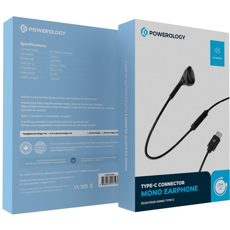 Powerology Mono USB-C Earphones with 1.2m Cable Length, Active in-Line Control Buttons, HD Sound, 40dB Sensitivity, All Type-C Devices Compatibility - Black