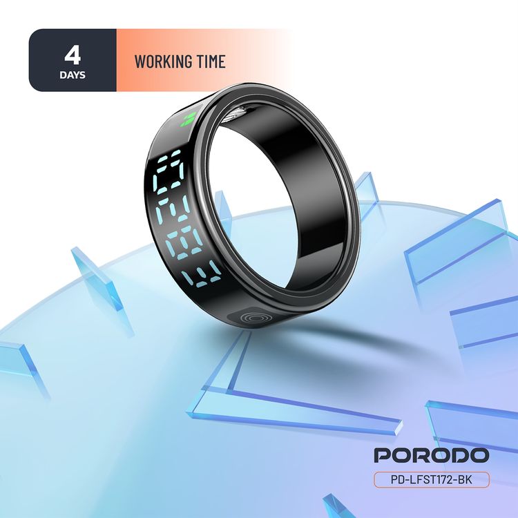 Porodo FitSync Smart Ring with Digital Display with Touch Scroll Function in Small Size 7, Up to 4 Days Active Use Time, 96KB Ram & 128KB ROM, Camera Gesture Control, Activity Tracking & 128 Sport Modes - Black