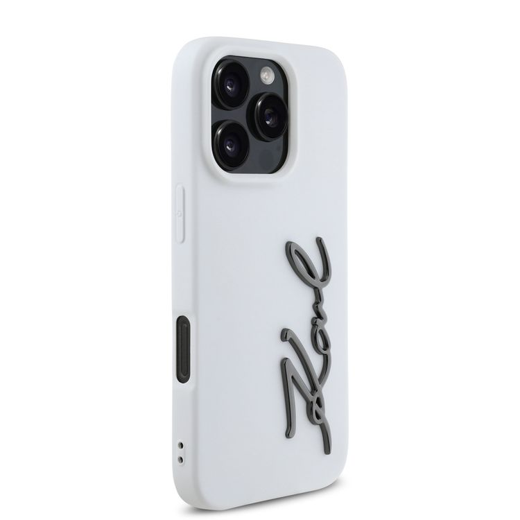 Karl Lagerfeld Silicone Case with Metal Signature Logo for iPhone 16 Pro, Drop Protection, Easy Snap On, Comfortable Grip - White