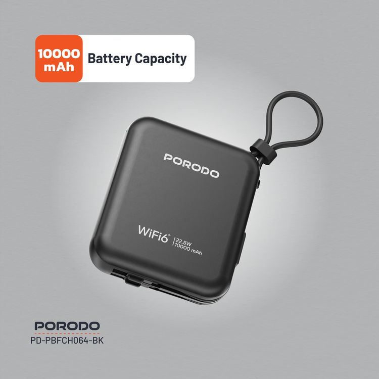 Porodo Portable 4G LTE WiFi Router,10000mAh Battery Capacity, 150Mbps Download Speed, 50Mbps Upload Speed, Built-in Cables, Secure Connection - Black