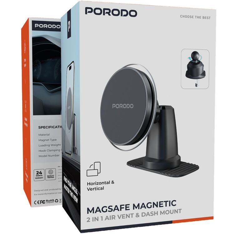 Porodo Magsafe Magnetic Air Vent and Dash Mount with 350g Weight Capacity, Hook, 12.5–29mm Clamping Range, 16 x N55 Magnets, Adjustable Viewing Angle - Black