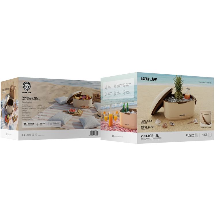 Green Lion Vintage Insulated Cooler Box 12L with Leak-Proof Design, Food-Grade Safety, Triple-Layer Insulation, Hot and Cold Storage, Adjustable Strap, Airtight Protection, Impact Resistant, Travel Friendly, Long-Lasting Insulation - Beige 