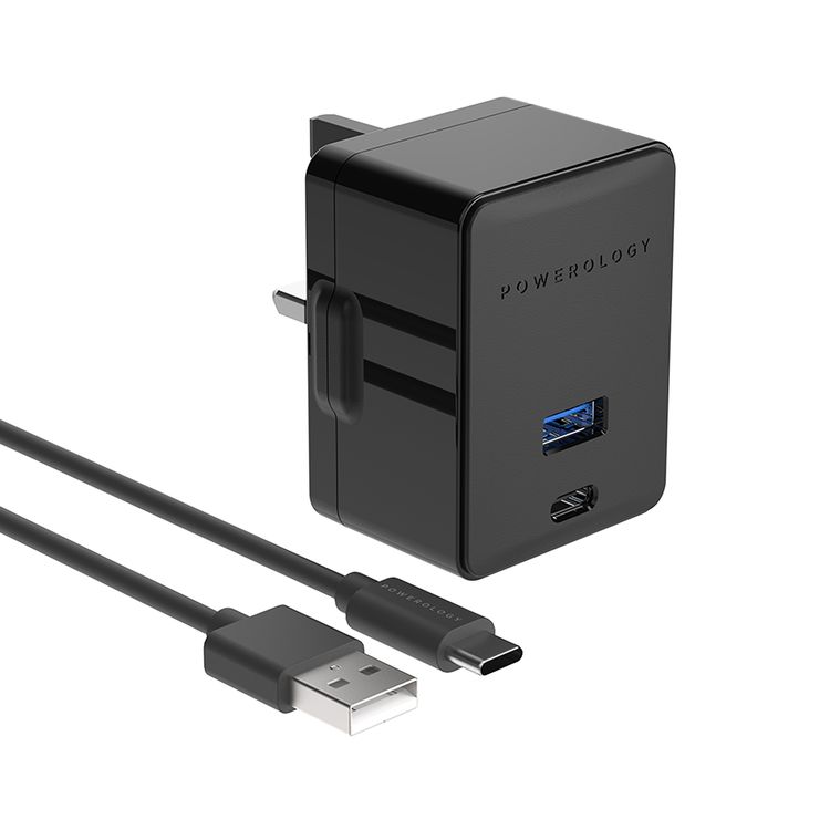 Powerology Ultra-Quick PD Charger with USB-A to USB-C Cable, Simultaneous Charging, 36W Total Output, UK 3-Pin Plug, 0%-60% Charge in 35 Minutes, Fast Charging Support, PowerDash 3.0 - Black