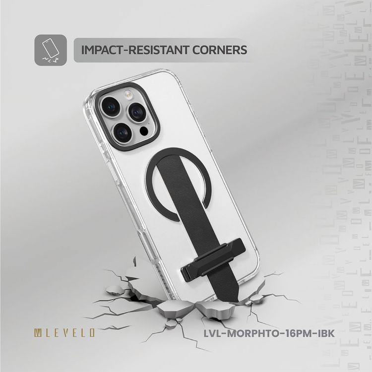 Levelo Morphix Trio Case for iPhone 16 Pro Max with Built-in Kickstand, Metal Camera Edge, MagSafe Compatible, Impact-Resistant Corners, Grip Strap & Metal Hook, Anti Yellowing - Ink Black