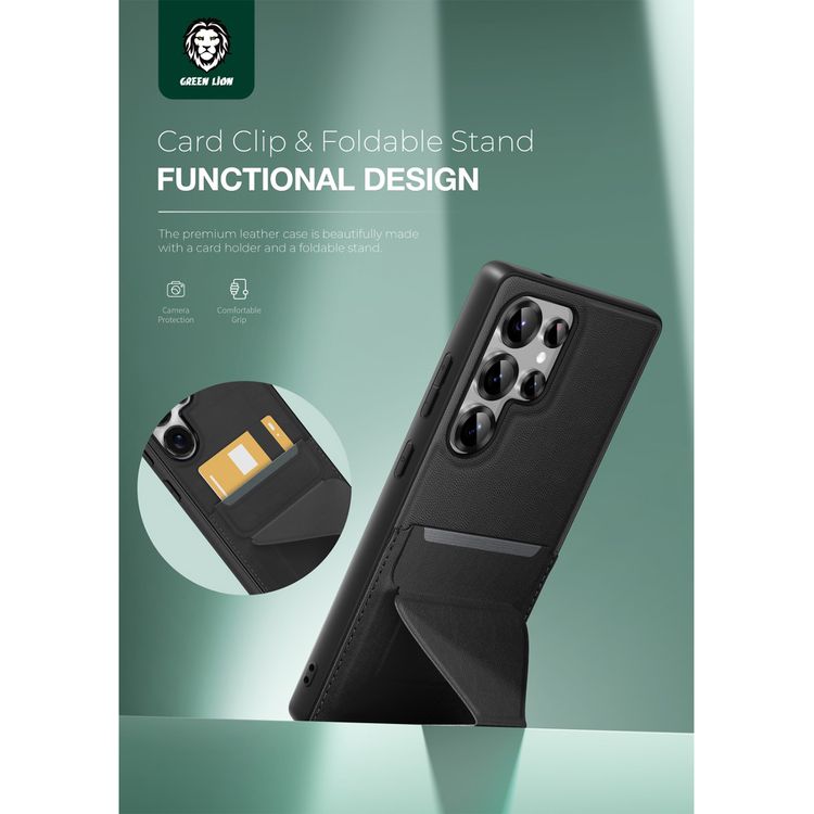 Green Lion Classio Stand Leather Case for Samsung S25 Ultra with Card Holder, Anti-Scratch, Foldable Stand, Comfortable Grip, Drop & Camera Protection - Black