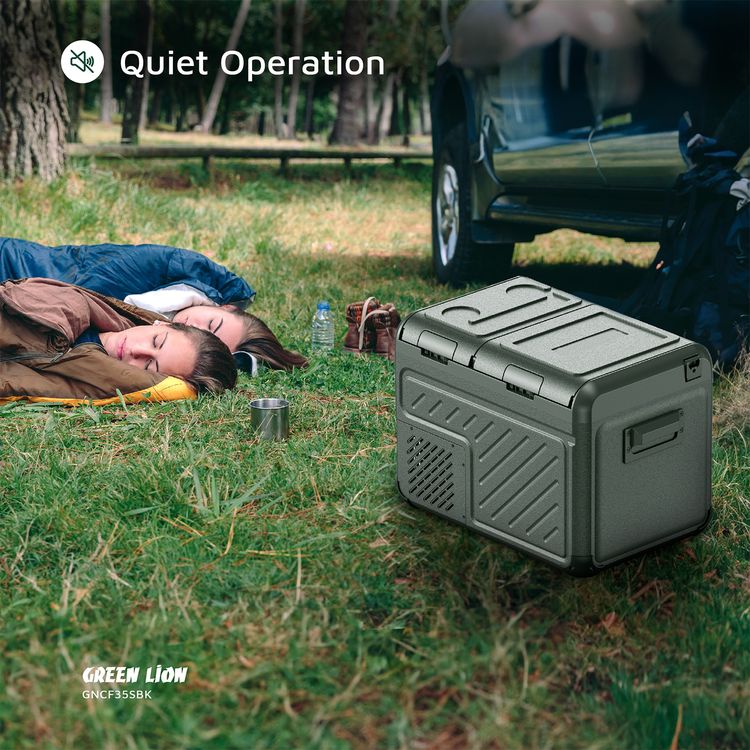 Green Lion GFC-35 Car Fridge with 35L Capacity, Bottle Opener, Touch Control Display & Interior Lights, Dual Power Supply, Child Safety Lock, Two Shelves, Quiet Operation - Black