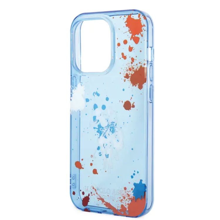 USPA PC/TPU Case with Splatter Pattern & Horse Logo iPhone 14 Pro Max Compatibility - Blue