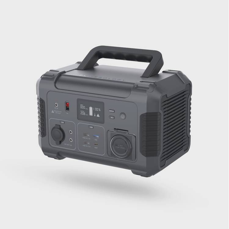 Powerology Portable Power Generator with LCD Information Panel, 140400mAh, 500W, QC 18W, PD 45W, Max Surge 750W, Overload and Overheating Safeguards, Solar Panel - Black