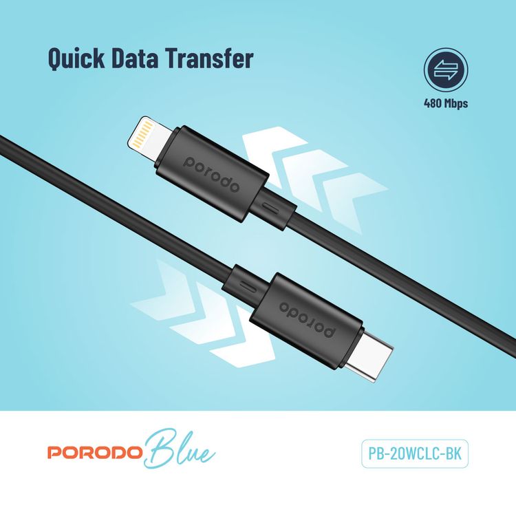 Porodo USB-C To Lightning Cable with Universal Compatibility, Fast Charging & Data Transfer, Flexible Material, 1.2m Cable Length - Black