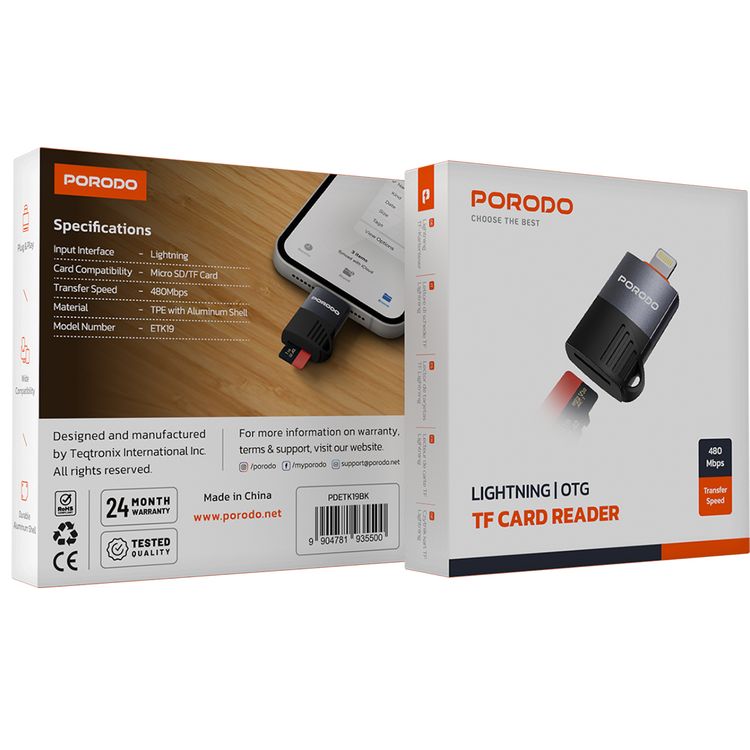 Porodo OTG Adapter with Lightning Input, TF Card Reader, 480Mbps Transfer Speed, TPE Material with Aluminum Shell, Wide Compatibility - Black