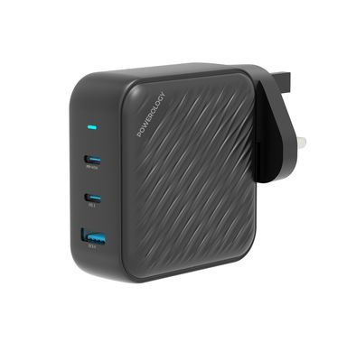 Powerology 140W Dual PD GaN Charger with Built-in Safeguards, 18W USB-A Output, UK 3-Pin Plug, Laptop Charging Compatibility, Triple-Port Fast Charging - Black