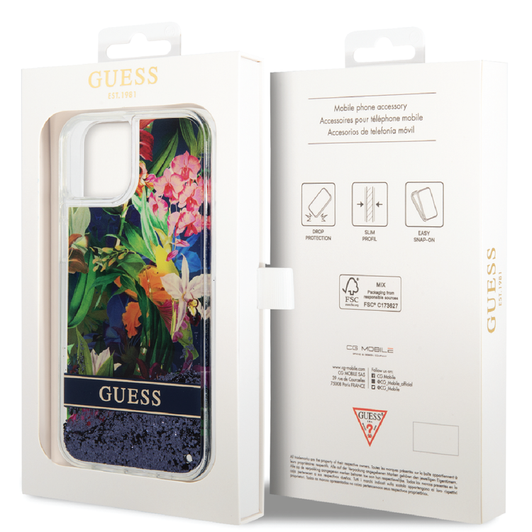 Guess Liquid Glitter Case with Flower Pattern Extra Shine Smooth Touch Feel iPhone 14 Compatibility - Blue