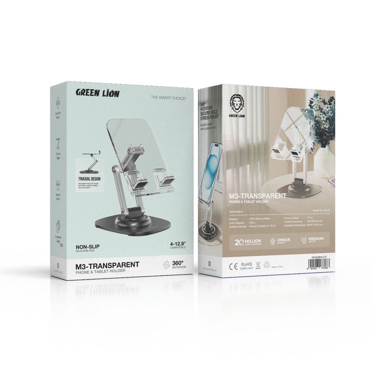 Green Lion M3-Transparent Phone & Tablet Holder with Triaxial Design, Up to 300g Load Capacity, 360° Rotation, Compatible with 4-12.9" Devices, Adjustable Height, Non-Slip Silicone Pad - Transparent