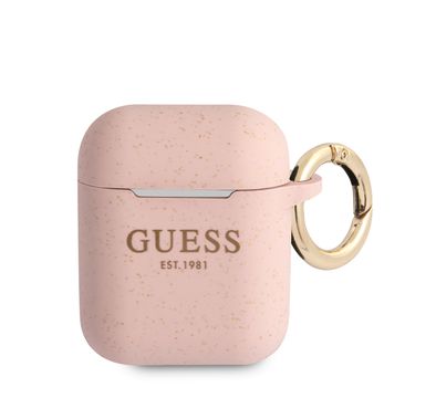 CG MOBILE Guess Silicone Glitter Case with Anti-Lost Ring Compatible for AirPods 1/2, Scratch Resistant, Shock Absorption & Drop Protection Cover Officially Licensed - Pink