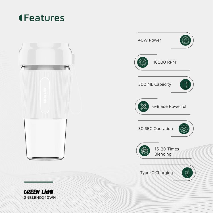 Green Lion G-Blend X Portable Juicer with 300mL Capacity, 1500mAh Battery Capacity, PC Jar Material, Stainless Steel Blade Material, Type-C Charging Port, 3-4 Hours Charging Time - White