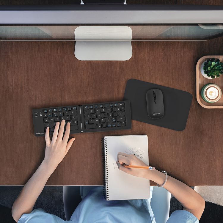 Porodo 6-in-1 Keyboard & Mouse Set with Magnetic Cable, Phone Stand & Travel Case, Dual Connectivity Mode, Multi-Device Connection, 10m Operating Distance - Black 