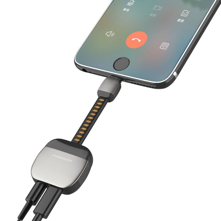 Powerology 2-in-1 USB-C to Aux & USB-C Adapter, 60W Power Delivery, 40000+ Bends Lifespan, High-Resolution Audio, Advanced DAC Smart Chip, Plug & Play Design - Gray