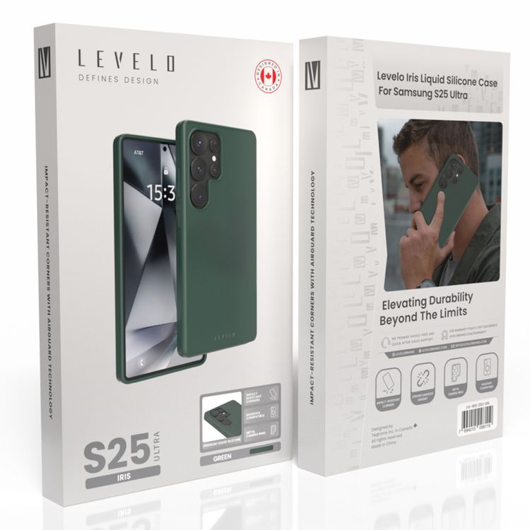 جراب Levelo Iris لهاتف Samsung Galaxy S25 Ultra متوافق مع MagSafe، مصنوع من مادة السيليكون السائل الممتازة، وزوايا مقاومة للصدمات، وحلقة كاميرا معدنية، ومغناطيس MagSafe قوي - أخضر