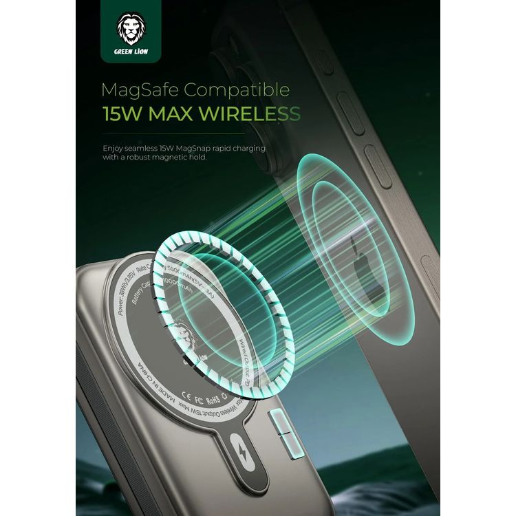 بطارية الطاقة جرين ليون 10000mAh موناكو MagSafe مع كابل Type-C مدمج، توفير طاقة بقوة 20 واط، مؤشر طاقة LCD، إخراج لاسلكي بقوة 15 واط، شريحة ذكية - أسود