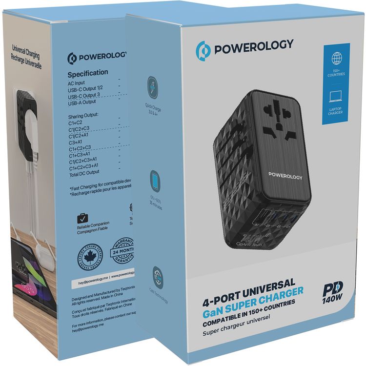 Powerology 4-Port Universal GaN Super Charger with 140W Power Delivery,  0%-60% Charge in 35 Minutes, Laptop Charging Compatibility, Compatible in Over 150 Countries - Black