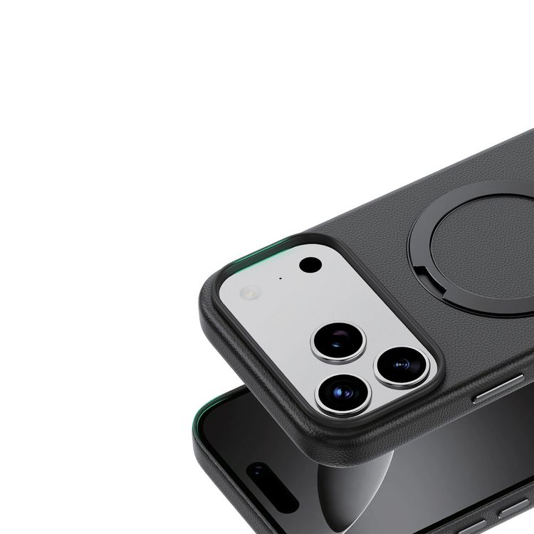 Green Lion Minster Leather MagSafe Case with Foldable Stand Design for iPhone 17 Pro Max, Anti-Fingerprint, 360° Rotatable Stand, Anti-Scratch, Camera Protection, Comfortable Grip - Black