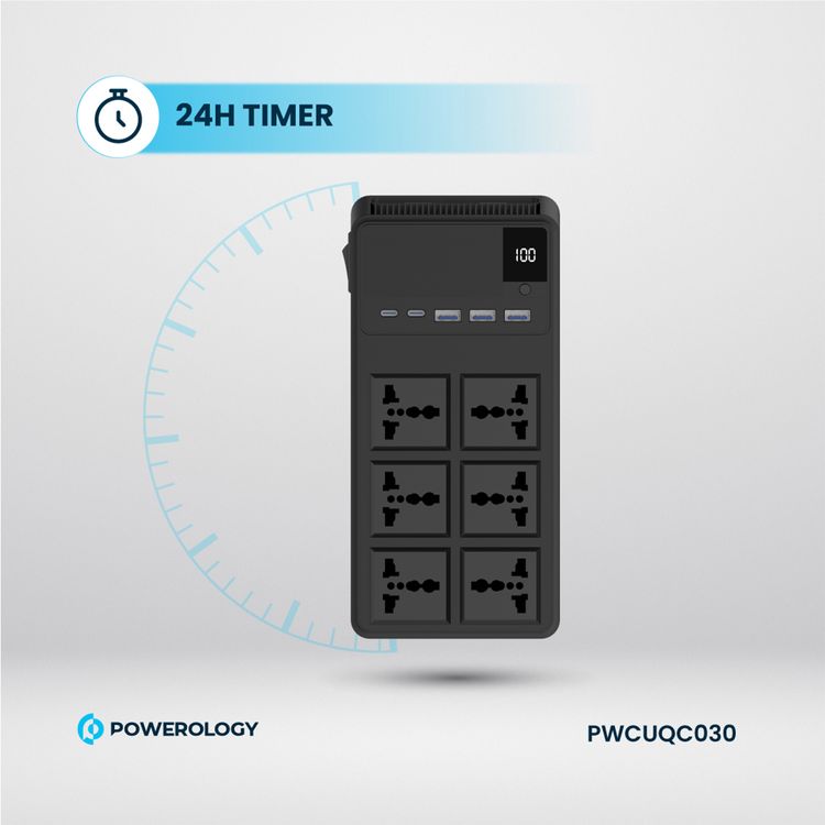 Powerology 2500W Power Strip with 6 AC Sockets & Built-in Retractable Cables, 5 USB Ports, USB-C & Lightning Outputs, Built-in Safeguards, Fire-Proof Material, 24H Timer, Simultaneous Charging, 70cm Cables Length & 3m Power Cord Length - Black