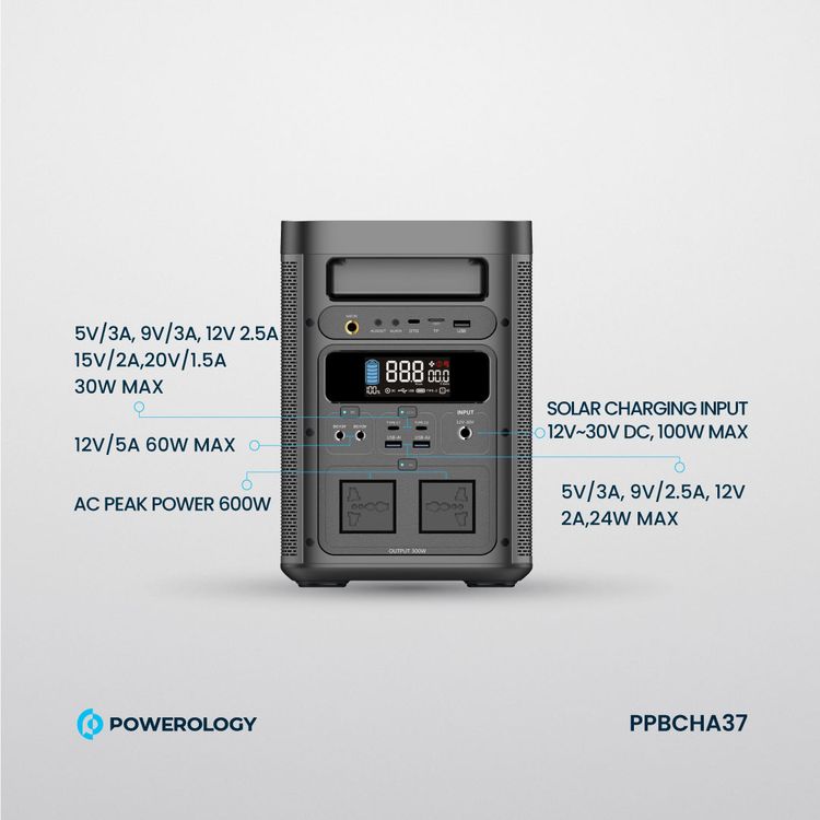 Powerology Portable Power Generator with Integrated HIFI Sound System, Dual USB-C, Dual USB-A & Dual DC Outputs, Micro SD, Microphone & AUX Inputs, 30W Power Delivery & 85W Speaker Power - Black