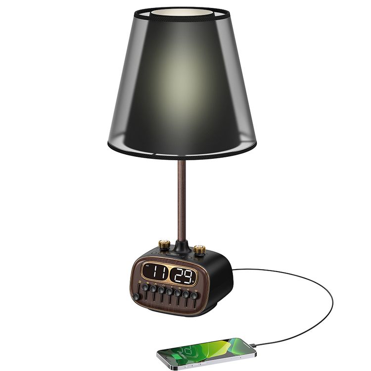 Porodo Retro Desk Lamp White-Noise & BT Speaker, Alarm and Snooze Function, Screen Display, 3 Brightness Levels (Low, Medium, High), Charging Ability, 8 Nature Sounds, USB-A Charging Port - Black 