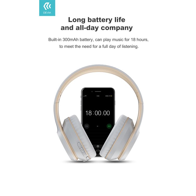 Devia Kintone Series Wireless Headset with HIFI Sound Quality, Hands-free Calling, Subwoofer Switch Button, 24 Hours Playtime, Foldable Design, Lightweight - White