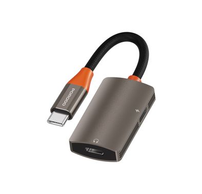 Porodo AudioLink Duo USB-C Interface Splitter, 9cm Cable Length, Braided Nylon with Aluminum Shell Material, 60W Power Delivery, Charge & Listen Simultaneously, Tangle-Free Design, Plug & Play - Black / Orange