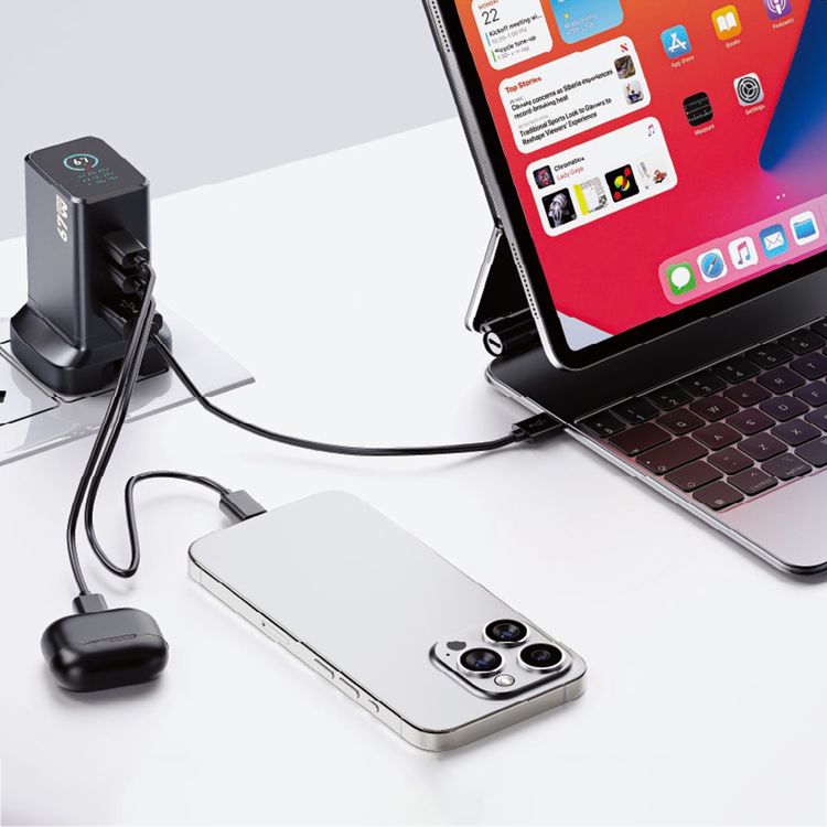 Powerology GaNex Multiple Ports Adapter with Foldable UK 3-Pin Plug, PD 67W, QC 18W, Laptop Charging, Smart Power Display, USB-A & USB-C Ports, Universal Compatibility - Black