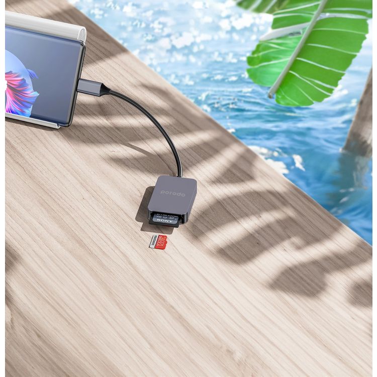 Porodo 2-in-1 USB-C Card Reader with Type-C Input, SD V4.0 & Micro SD V3.0 Super Speed Slots, 5 Gbps Data Transfer Speed, Super Lightweight and Portable - Gray 