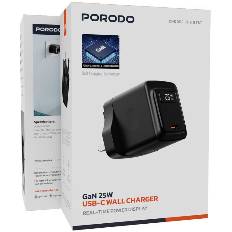 Porodo 25W Wall Charger with Single USB-C Port, High-Speed Efficient Charging, Digital Display, Built-in Safeguards, Fast Charging - Black