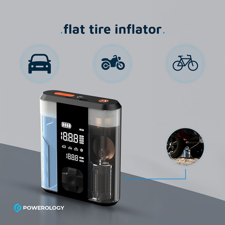 Powerology Multi-Functional Jump Start Air Compressor with Tire Inflator, 8800 mAh Battery Capacity, 2 Hours Charging Time, 800 A Peak Current, 300 A Start Current - Clear