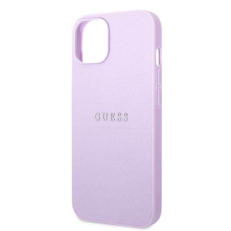 Guess PU Leather Saffiano Case with Metal Logo & Hot Stamp Stripes iPhone 14 Compatibility - Purple