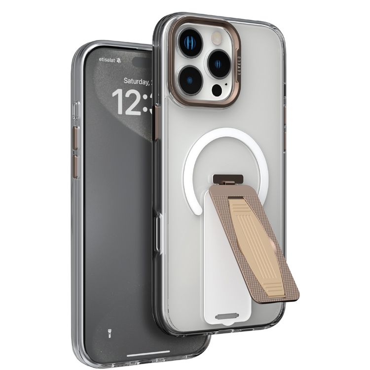 Levelo Morphix MagSafe Grip Case for iPhone 16 Pro, Impact Resistant Corners, Metal Camera Ring, Multi Functional Kickstand Premium Bayer TPU, Silicone Grip - Rose Gold Titanium