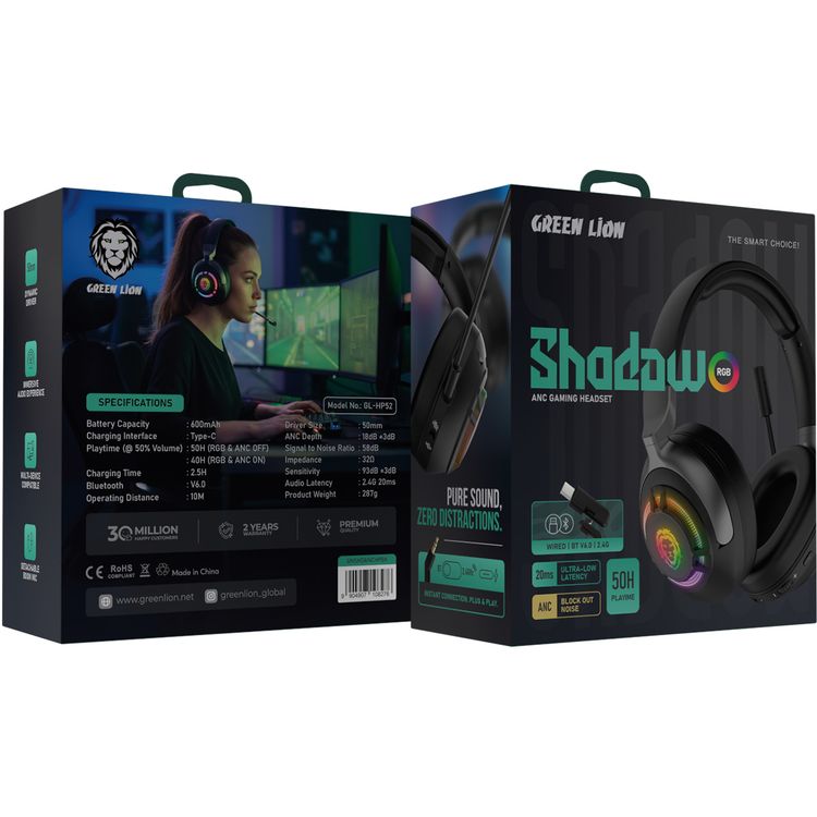 Green Lion Shadow ANC Gaming Headset with 50 Hours Play Time, 50 mm Dynamic Driver, Immersive Audio Experience, Multi-Device Compatible, Detachable Boom Microphone, ANC Noise Block Out, 2.5 Hours Charging Time, Bluetooth Version 6.0, 10m Operating Distance - Black Color