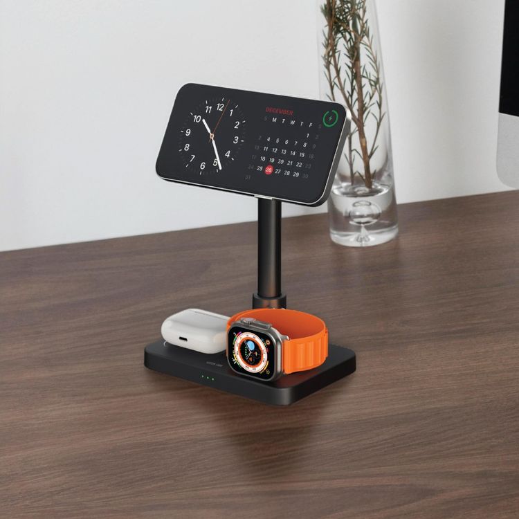 شاحن لاسلكي تلسكوبي متعدد الوظائف من جرين ليون 3 في 1، متوافق مع ماج سيف، ذراع تلسكوبية بثلاثة مستويات، منفذ إدخال Type-C، شحن لاسلكي للهاتف وأيربودز والساعة، تصميم مريح، قابل للتمديد حتى 37 سم - أسود