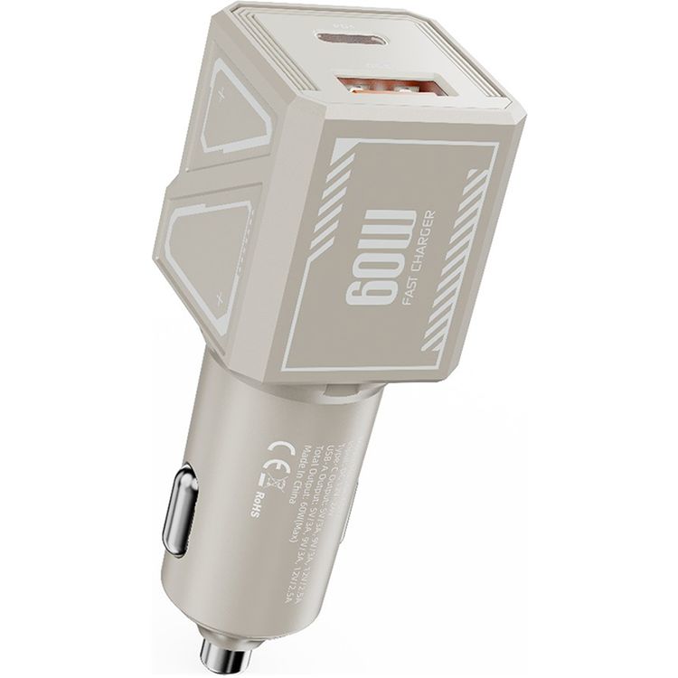 Green Lion Dual Volt Car Charger with Type-C to Type-C Cable, PD 30W, QC 30W, USB-A & USB-C Ports, 60W Total Output, Heat Dissipation, Charging Protection - Titanium