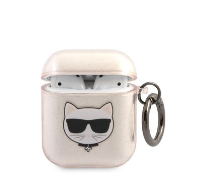 CG Mobile Karl Lagerfeld TPU Glitter Printed Embossed Choupette with Ring Case Compatible with AirPods 1 & 2, Scratch & Drop Protection Cover Officially Licensed - Gold