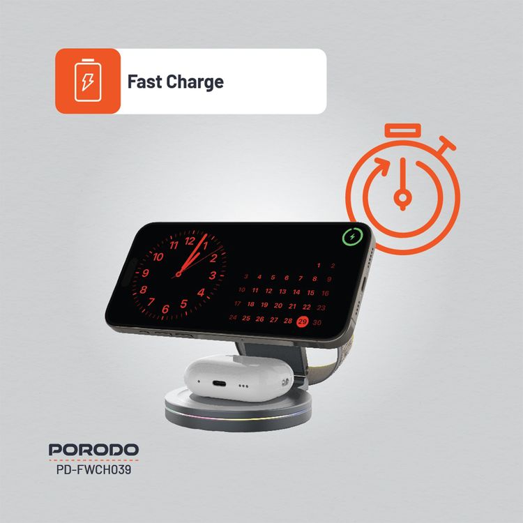 Porodo Rotating Base Three-Device Wireless Charger with 15W Wireless Output, Folding Design, Fast Charging, Type-C Input Interface, Lightweight & Portable - Gray